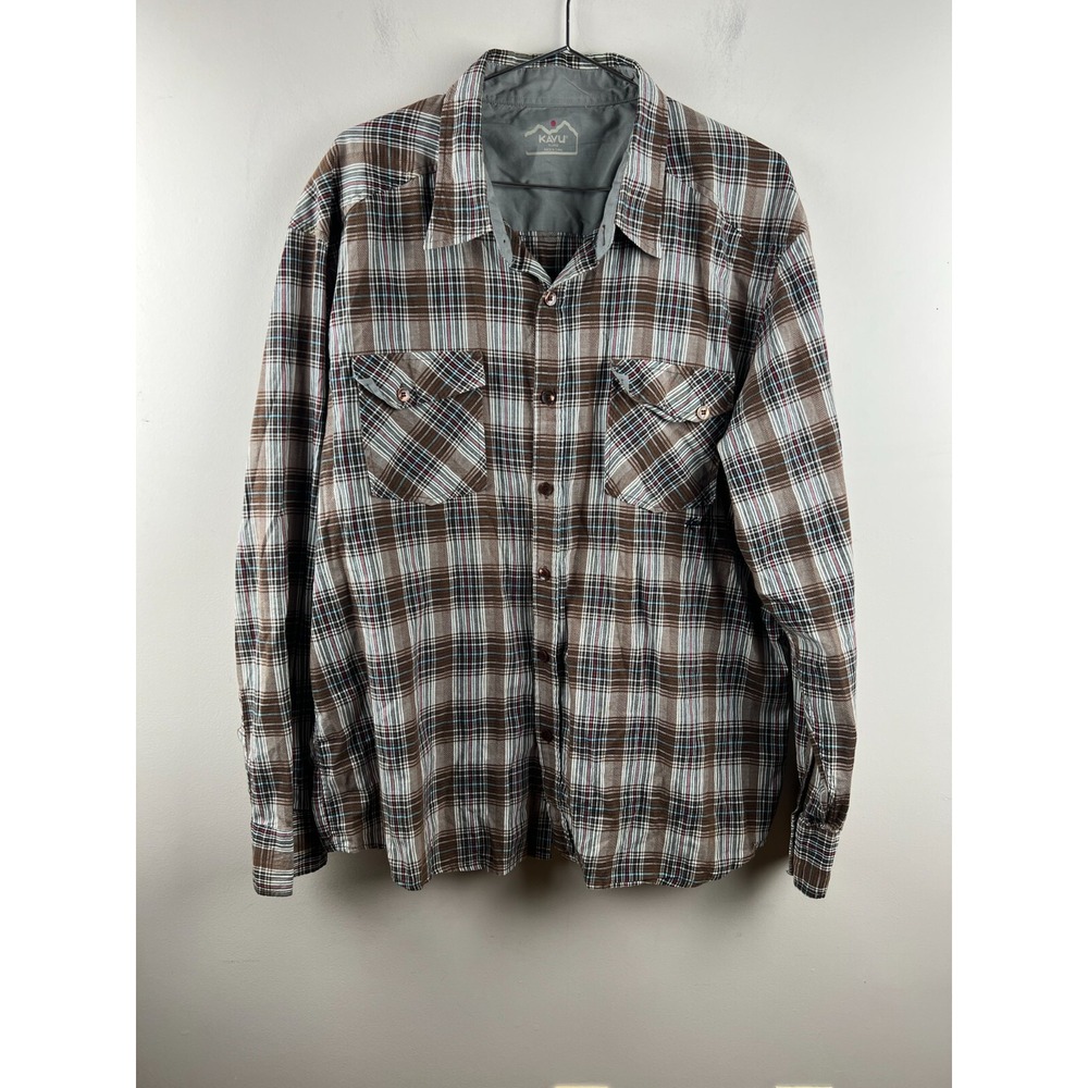KAVU Mens XL Long Sleeve Button Down Plaid Shirt Brown White Red Cotton Pocket